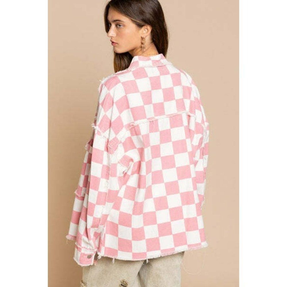 POL Clothing Pink and White Denim Checkered Race Check Shacket New S-L YWT7 - Picture 8 of 8